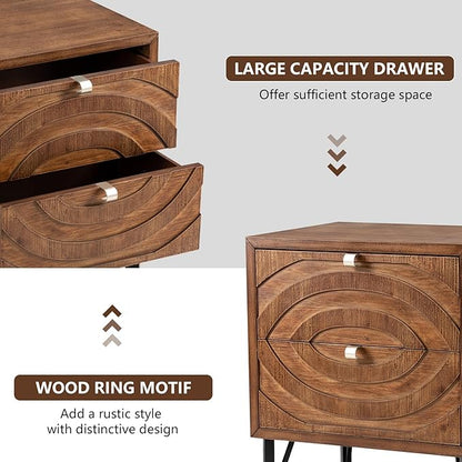 COSIEST Vintage Nightstand with 2 Storage Drawers, Rustic End Table for Bedroom and Living Room, Easy to Assemble Accent Table (Brown, Circle Pattern)