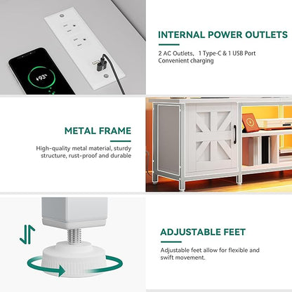 YITAHOME TV Stand with LED Lights & Charging Station, Farmhouse Entertainment Center with Storage Cabinets & Shelves, Cross-Pattern Doors, Fits TVs up to 70'', TV Consoles for Living Room, White
