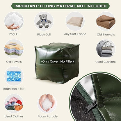 Unstuffed Pouf Cover (Only Cover, No Filler), 17.7" Faux Leather Poofy Ottoman Cover, Square Footstool For Storage Living Room Decoration Foot Rest, Footrest for Bedroom Balcony Office Chair, Green