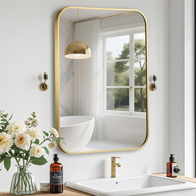 Gold Bathroom Mirror, 22x30 Inch Aluminum Frame Rectangle Mirror, Anti-Rust, Tempered Glass, Wall Mirror for Over Sink, Vanity, Bedroom, Entryway, Horizontal/Vertical