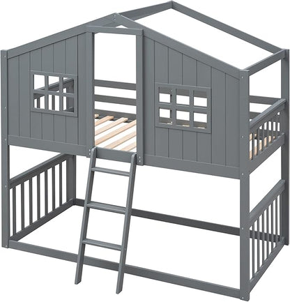 Ball & Cast Twin Over Twin Size House Bunk with Ladder and Window,Wood Bunkbed w/Full-Length Guard Rail & Ladder,Slat Support,Space Saving,Bedroom Furniture for Student Dorms,Gray