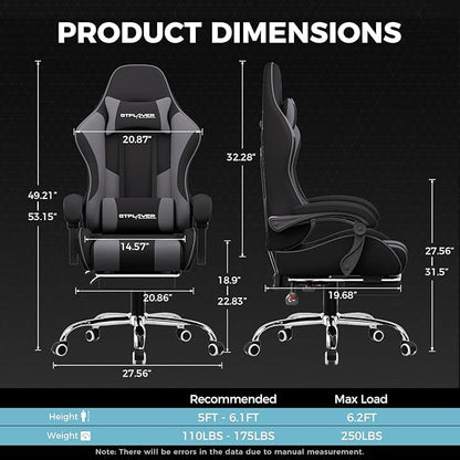 GTPLAYER Gaming Chair, Computer Chair with Footrest and Lumbar Support, Height Adjustable Game Chair with 360°-Swivel Seat and Headrest and for Office or Gaming (Darkgray, Fabric)