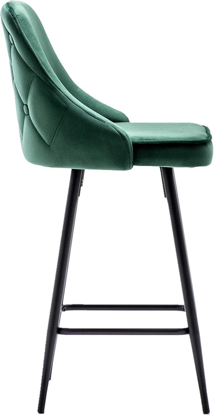 BTEXPERT Set of 2 Pack, Premium upholstered Dining 25" High Back Stool Bar Chairs, Green Velvet Tuftet Diamond Back