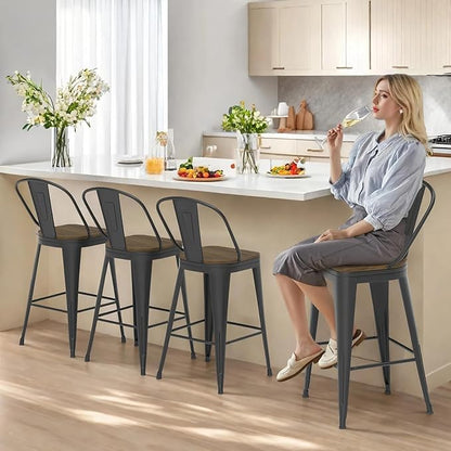 24” Swivel Bar Stools Set of 4, Counter Height Bar Stools Wooden Seat, Metal Industrial Bar Chairs with High Back for Kitchen Island (Black)