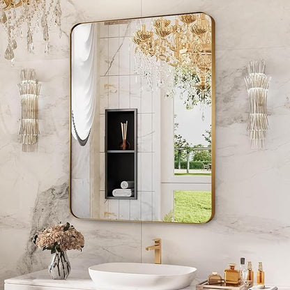 22x30 Inch Brushed Gold Mirror for Bathroom, Rounded Rectangle Mirrors Wall Mounted, Anti-Rust Metal Framed Bathroom Mirror for Wall, Modern Vanity Mirrors Hangs Horizontally or Vertically
