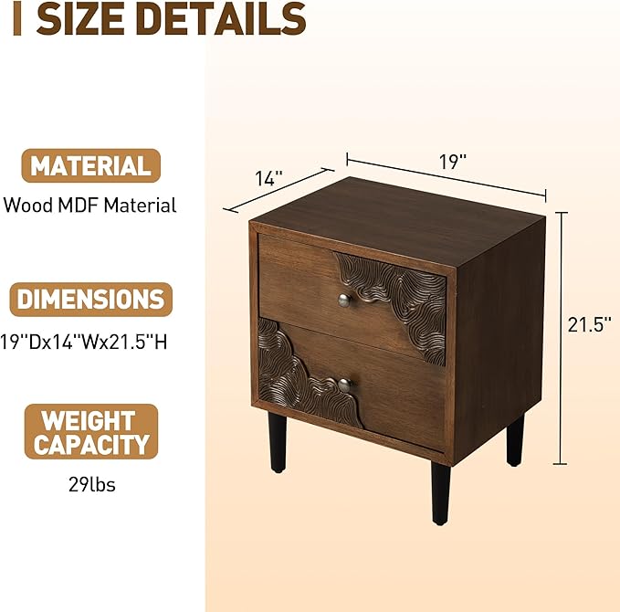 COSIEST Nightstand Set of 2, Mid Century Modern End Table with 2 Storage Drawers, Accent Side Table, Vintage Wood Luxury Night Stand for Bedroom, Living Room, Walnut