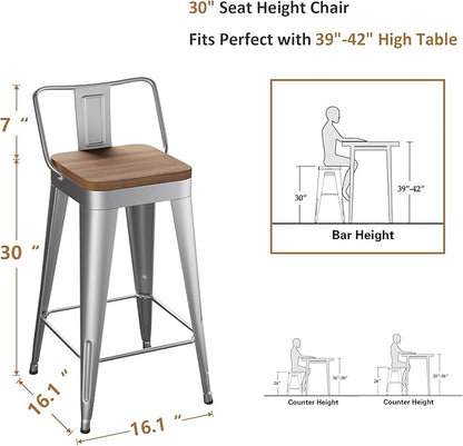 WENTMENT Bar Stools Set of 4 Counter Height Stools with Removable Back 30" Kitchen Bar Stools with Wooden Seat, Silver