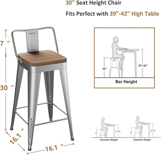 WENTMENT Bar Stools Set of 4 Counter Height Stools with Removable Back 30" Kitchen Bar Stools with Wooden Seat, Silver