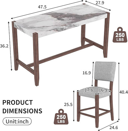 Ball & Cast 5-Piece Dining Table Set for 4,Kitchen Table Set W/Faux Marble Bar Table,Counter Height Living Room Furniture W/ 4 Upholstered Chairs,for Dining Room,Pub Kitchen,Small Place,Gray+White