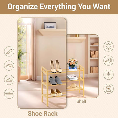 Haddockway Bamboo Shoe Rack for Closet, Free Standing Shoe Organizer with Smooth Round Rods & Convenient Handles, Stackable Shoe Storage Shelf for Entryway, Hallway(Natural, 3-Tier(Small))