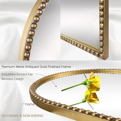 Arched Wall Mirror for Bathroom, 30"x40" Metal Beaded Frame Decorative Accent Mirror, Large Modern Distressed Hanging Wall Decor for Washroom, Bedroom, Living Room, Entryway, Antique Gold