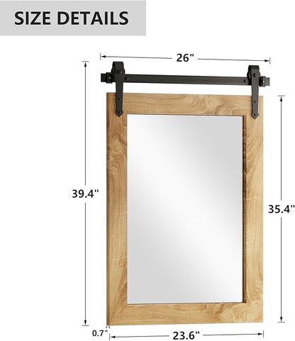 Farmhouse Bathroom Mirror 26”x40” Rustic Wood Framed Wall Mirror Barn Door Mirror for Wall (Brown)