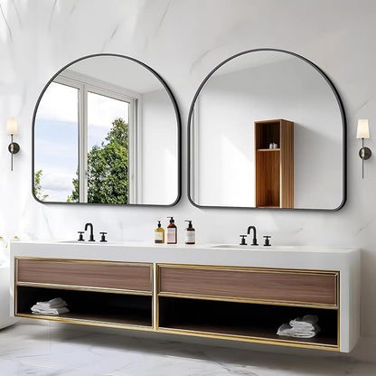 Arched Bathroom Mirror, 30"x30" Black Arched Mirror for Bathroom, Wall Mounted Mirror, Gold Vanity Wall Mirror Metal Frame for Bedroom, Entryway, Living Room, Vertically Hanging