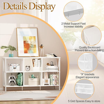 Horizontal Bookshelf Bookcase,6 Cube Storage Organizer with Open Shelf,47 Inch Industrial Low Wide Wood and Metal Cubby Shelf,Long Shelving Unit for Home Office Living Room(White,6 Cube)