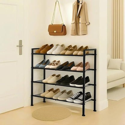 Simple 4 Tier Shoe Rack,Metal Stackable Shoe Storage Organizer for Closet,Entryway, Bedroom, Black (Black, 4-Tier)