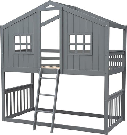 Ball & Cast Twin Over Twin Size House Bunk with Ladder and Window,Wood Bunkbed w/Full-Length Guard Rail & Ladder,Slat Support,Space Saving,Bedroom Furniture for Student Dorms,Gray