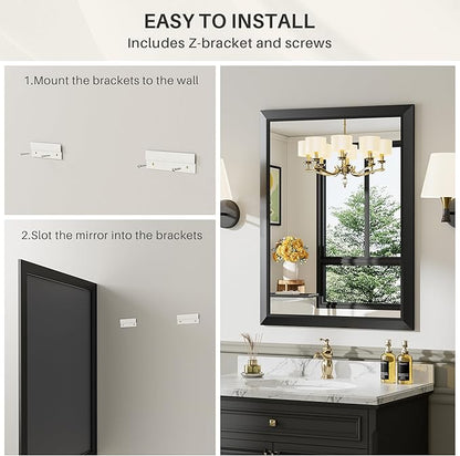 28x36 Inch Black Bathroom Mirror for Wall, Thick Metal Framed Rectangle Mirrors for Over Sink, Bedroom, Living Room, Entryway, Anti-Rust, HD Tempered Glass