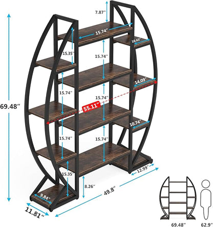 Tribesigns Oval Bookshelf, Triple Wide 5 Tier Etagere Bookcase, Industrial Display Shelves for Living Room (Brown, 55")