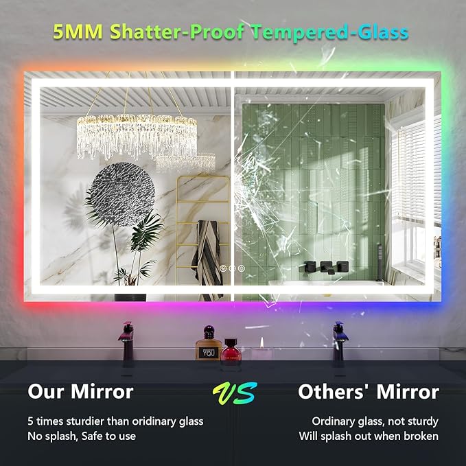 60x38 Inch RGB LED Bathroom Mirror Front Light and RGB Backlit Lighted Vanity Mirror for Bathroom Wall Mounted Dimmable Anti Fog Memory Shatter-Proof IP54 Waterproof Horizontal/Vertical