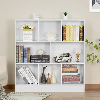 YAHARBO 3 Tier Bookshelf,Wide Kids Horizontal Bookcase,8 Cube Blue Book Shelf,Large Display Toy Storage Cabinet with Base,Floor Standing Modern Bookcases Organizer for Bedroom,Nursery,Playroom