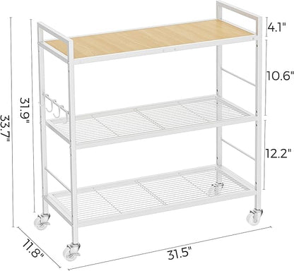 3-Tier Metal Storage Rack with Industrial Wheels,Mesh Shelving Unit with Wooden Table top,Adjustable Shelf,31.5-Inch Width, for Kitchen, Laundry,Pantry,Plant,Oak panel and white frame