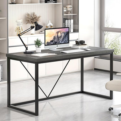 EXCEFUR Modern Home Office Desk, Wood and Metal Computer Desk, Industrial Writing Study Gaming Table for Living Room Bedroom, Rustic Grey, 53 inch