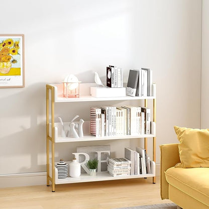 Wide Open Shelf Bookcase - Modern 3-Tier Floor Standing Display Bookshelf with Three-Side Panels for Home and Office, Storage Shelving in Warm White with Gold Frame