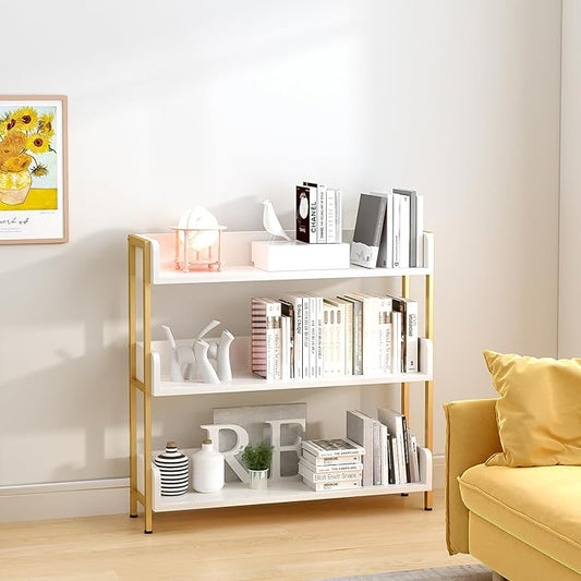 Wide Open Shelf Bookcase - Modern 3-Tier Floor Standing Display Bookshelf with Three-Side Panels for Home and Office, Storage Shelving in Warm White with Gold Frame