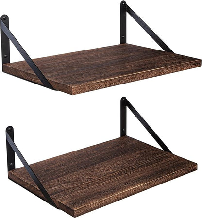 SAUMONIERES Floating Shelves Bookshelf for Bedroom Bathroom Living Room Wood Wall Mounted Wide Deep Storage, Rustic Brown Shelves Set of 2