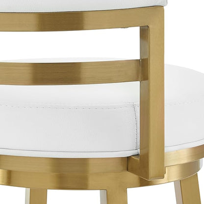 Armen Living Madrid 30" Seat Height Swivel Modern White Faux Leather and Gold Brushed Stainless Steel Bar Stool for Kitchen Island Counter