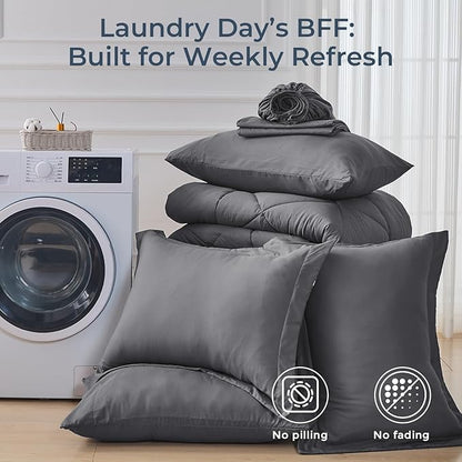 HEVUMYI Full Comforter Set - 7-Piece All Season Bed in a Bag Full, Ultra Soft Bedding Set with Comforter, Flat Sheet, Fitted Sheet, Pillowcases, Pillow Shams, Dark Grey