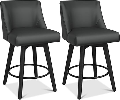 Counter Height Bar Stools Set of 8, Modern Swivel Barstools with Back and Wood Legs, Faux Leather Upholstered Bar Chairs, 26" H Kitchen Counter Stools, Kitchen Island Home Bar, Black Grey