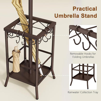 Hoctieon Coat Rack Freestanding, Coat Tree with Umbrella Holder, Metal Coat Rack Stand with 12 Hooks, Standing Coat Hanger Stand, Umbrella Stand for Entryway, Hat Rack Stand for Home Office, Brown