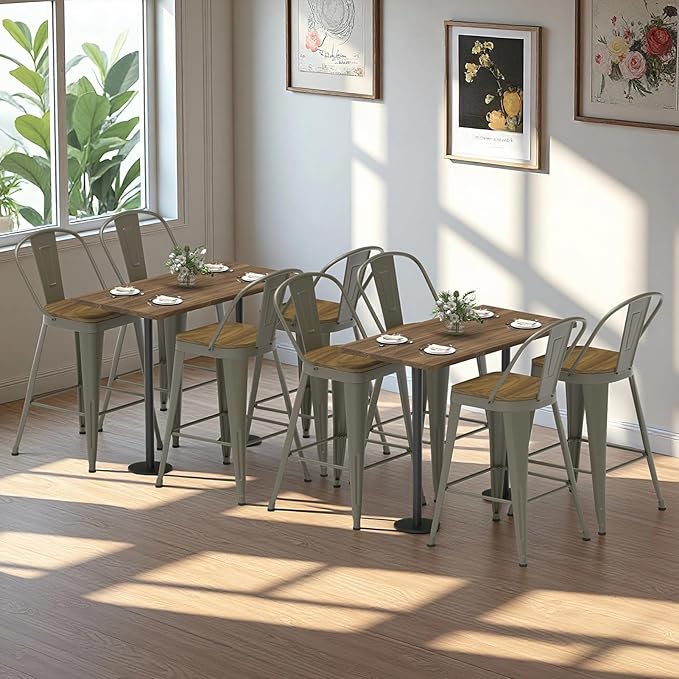 Metal Bar Stools Set of 4, High Back Bar Stools with Wooden Seat, 30 inch Rusty Barstools for Kitchen Island