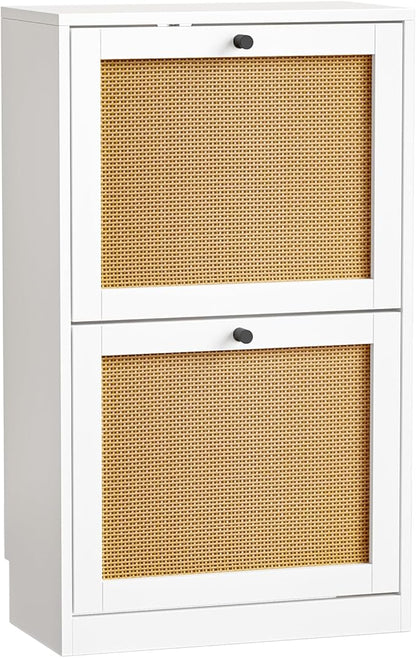 Shoe Storage Cabinet for Entryway with 2 Flip Drawers, Narrow Wood Shoe Cabinet with Rattan Panel, Freestanding Hidden Shoe Organizer for Foyer, Hallway, Small Space (White)