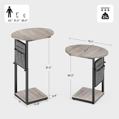 Vagusicc C Shaped End Table, Adjustable Height Small Side Table for Couch and Recliner, 32" Tall Couch Side Table Slide Under Sofa Tray Desk with Storage Bag for Living Room and Bedroom, Greige