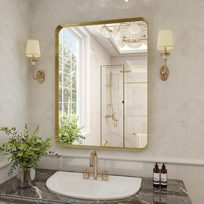 Bathroom Mirror 20x30 inch, Gold Gorgeous Deep Frame Wall Mirror, Modern Round Corner Bathroom Vanity Mirror for Bedroom, Living Room, Hanging or Leaning Horizontal or Vertical, Gold