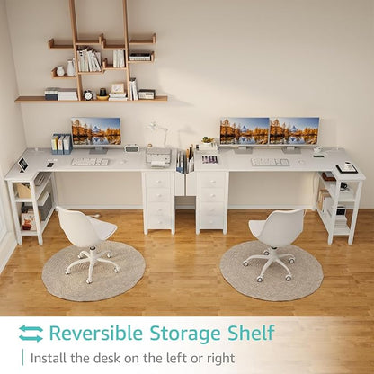 Lufeiya White L Shaped Computer Desk with Drawers & Storage Shelves, 63 Inch Reversible Corner Desk with Power Outlet for Home Office Bedroom, L-Shaped Teen PC Desks with Fabric Drawer, White