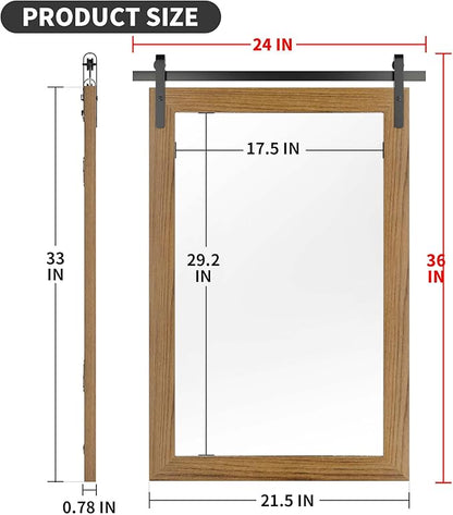Farmhouse Wall Mirror, Rustic Wood Frame Bathroom Mirror Barn Door Inspired Decorative Vanity Dress Mirrors for Living Room Entryway, 24x36 INCH Brown