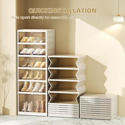 ELPHECO 6 Tier 12 Pairs Foldable Shoe Rack Shoe Organizer with Magnetic Doors, Entryway Folding Shoe Shelf, Easy Assembly Sneaker Cabinet, Plastic Shoe Storage Container Bins