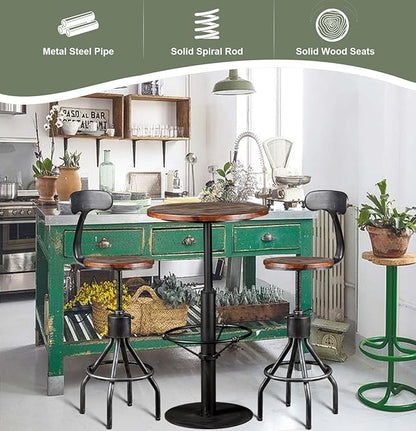 LOKKHAN Set of 2 Rustic Industrial Bar Stool-24-30 Tall Adjustable Metal Swivel Wooden Top Barstools-Counter Height Bar Height-Vintage Farmhouse Kitchen Breakfast Cafe Stool-with Backrest