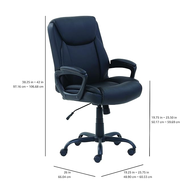 Amazon Basics Classic Puresoft PU Padded Mid-Back Height Adjustable Office Computer Desk Chair with Armrest, 26"D x 23.75"W x 42"H, Black
