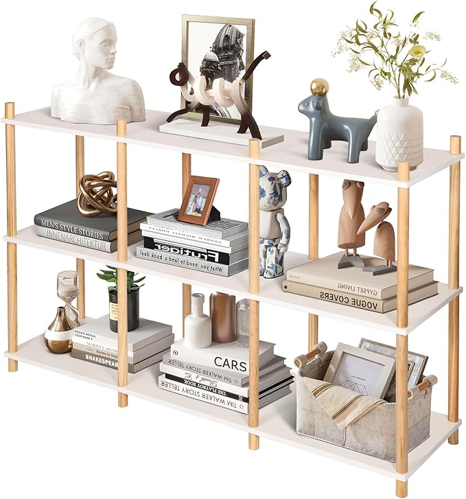 YGYQZ 3 Tier Short Book Shelf, Wood Shelves with Open Back Long Horizontal 6 Cube Storage Shelf Book Shelves for Office, Living Room, Bedroom, Rustic Shelf (White)