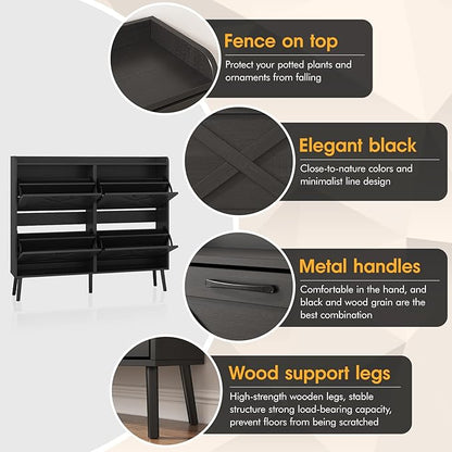 Maupvit Large Shoe Storage Cabinet with 4 Flip Drawers, Narrow Shoe Cabinet for Entryway with Wooden Legs, Freestanding Hidden Shoe Rack Organizer ＆ Metal Hinges, Black