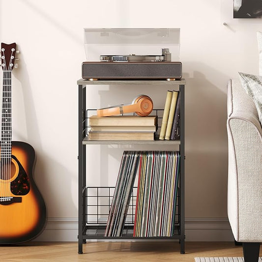 X-cosrack Record Player Stand with Storage Up to 100 Albums, 3 Tier Vinyl Record Storage for Living Room, Turntable Stand with Record Holder & Display Shelf(Patent Pending)(Greige & Black)