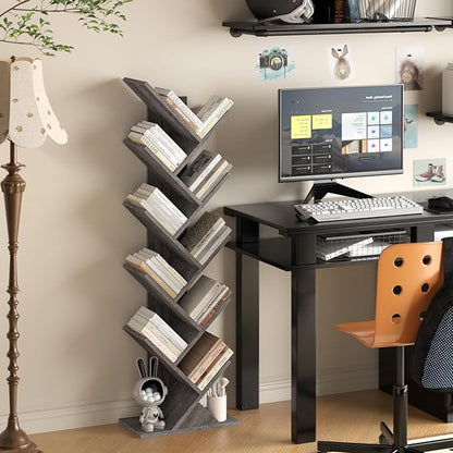 10 Tier Tree Book Shelf, Floor Standing Wood Bookshelf for Narrow Space, Storage Organizer Bookshelves for Books/CDs/Magazine, Bookcase with Shelves for Home Office, Living Room - Light Grey