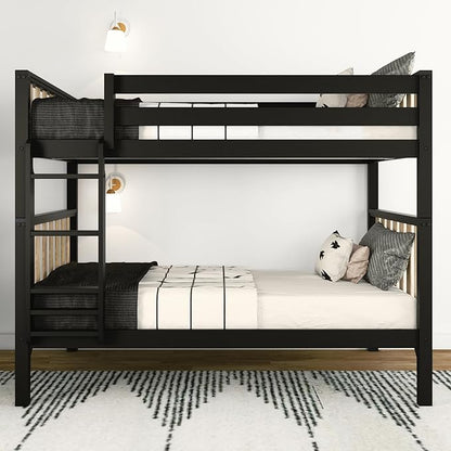 Max & Lily Bunk Bed, Scandinavian Modern Bunk Bed, Solid Wood Twin-Over-Twin Bed Frame for Kids, No Box Spring Needed, Black/Blonde
