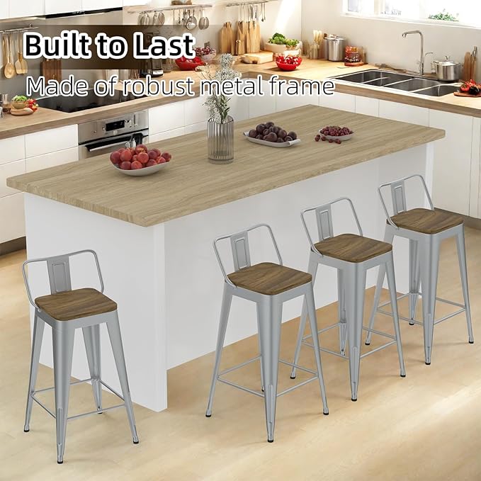 Silver Bar Stools Set of 4, Metal Bar Stools with Wooden Seat, Modern 26”Counter Height Barstools with Low Back