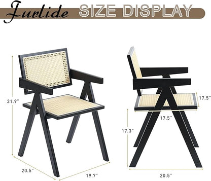 Rattan Dining Chairs Set of 2, Modern Mid Century Dining Chairs with Arms, Outdoor Bamboo Chairs for Bedroom, Living Room, Reading Room, Black