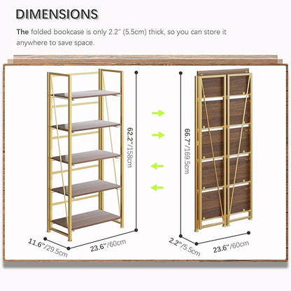 4NM No Assembly Folding Bookshelf, 5-Shelf 62.2" H Collapsible Foldable Bookcase Storage for Small Spaces, Brown and Golden